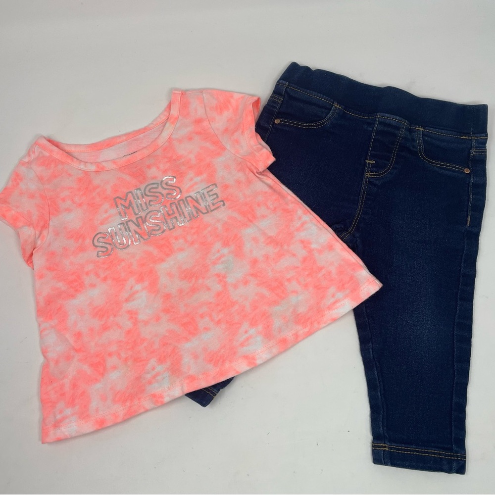 Baby 2pc Orange Coral Tie Dye T-Shirt and Dark Blue Pull-on Jeans Size 6-12m